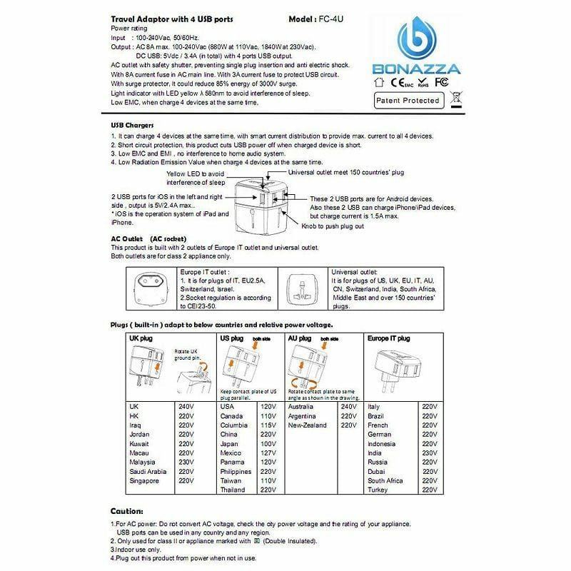 海外旅行用変圧器変換プラグ1840WBONAZZAUniversalWorldTravelAdapterKitw/4USBPorts-UK,US,AU,EuropePlugAdapter-Over150Countries&USBPowerAdapterforiPhone,Android,AllUSBDevices-SurgeProtection