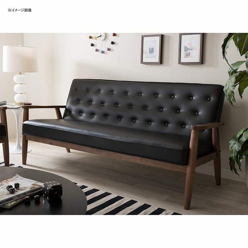 レトロソファー3人掛け布張りレザーBaxtonStudioSorrentoMid-CenturyRetroModernFauxLeatherUpholsteredWooden3-SeaterSofa