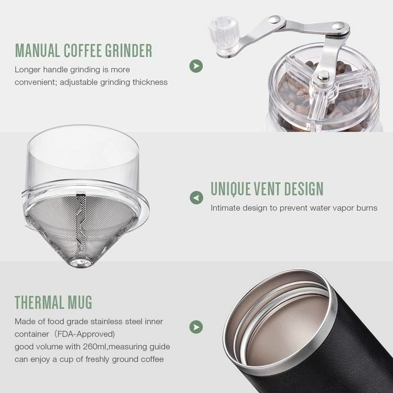 コーヒーミル＆メーカー豆挽き付コーヒーメーカーTravelCoffeeGrinderSetROMAUNTAllInOnePortableManualGrindBrewCoffeeMakerSingleServe2XStainlessSteelMugCeramicBurrBrewer