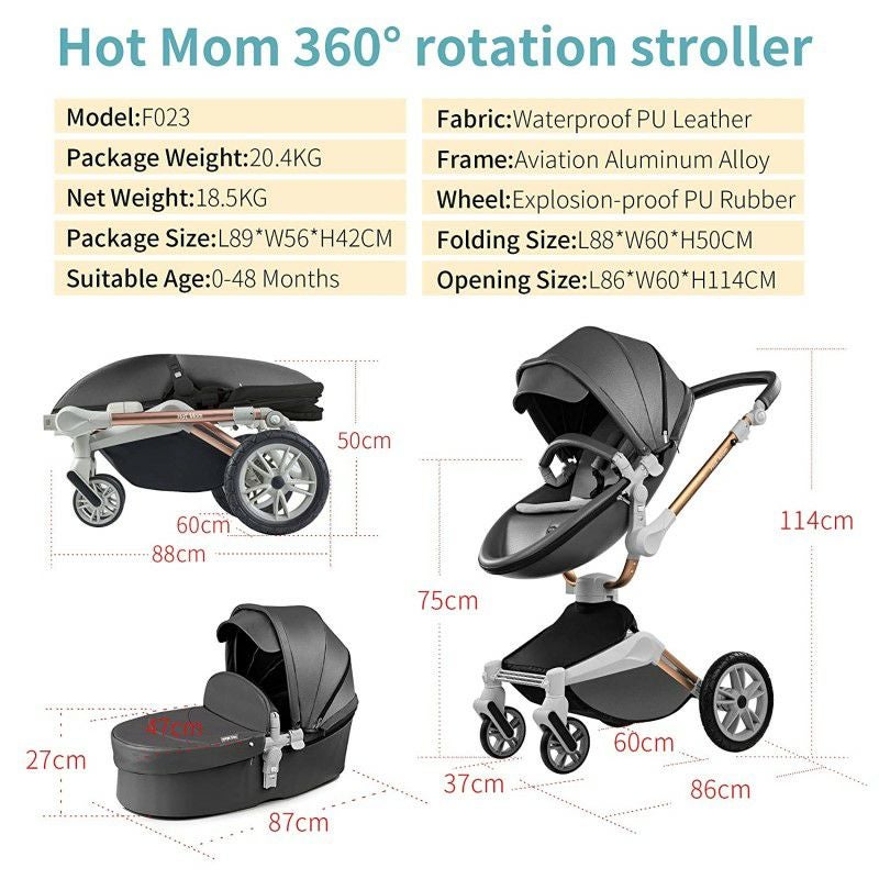 ベビーカー両対面式バシネット防水PUレザー新生児ホットマムBabyStroller360RotationFunction,HotMomBabyCarriagePuLeatherwithCarrycotPushchairPram2020,DarkGrey