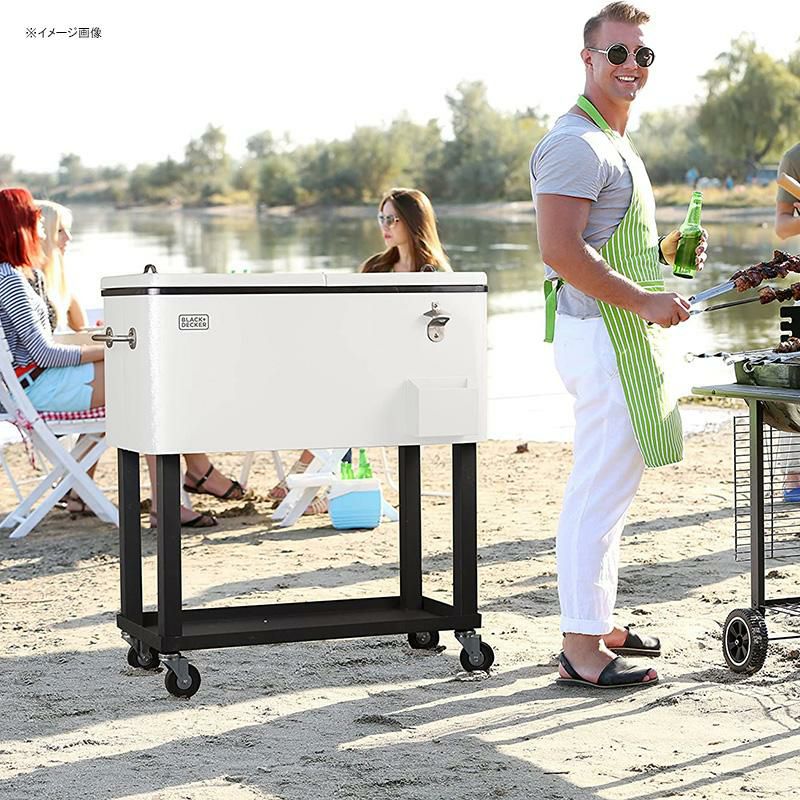 カート型クーラーボックス76Lホワイト栓抜き付ブラック・アンド・デッカーBLACK+DECKER,MobileCoolerCart,2DoorSealLid,BottleOpenerwithCatchBasin,BottomStorageTray,4RollingWheels,White,BCC20W