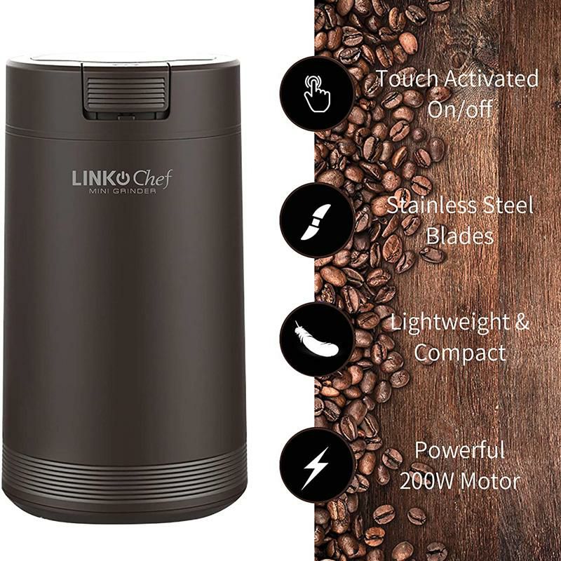 コーヒーグラインダー豆挽き電動ミルプロペラ式ナッツハーブスパイスCoffeeGrinderwithBrush,LINKChef200WSpiceGrinderwithStainlessSteelBladeforSeedBeanNutHerbPepper&Grain,LidActivatedSafetySwitch,Brown,CG-8420家電