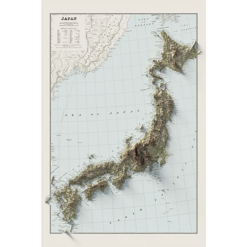2D マップ 日本 地図 JAPAN - VINTAGE RELIEF MAP (1901) | アルファ
