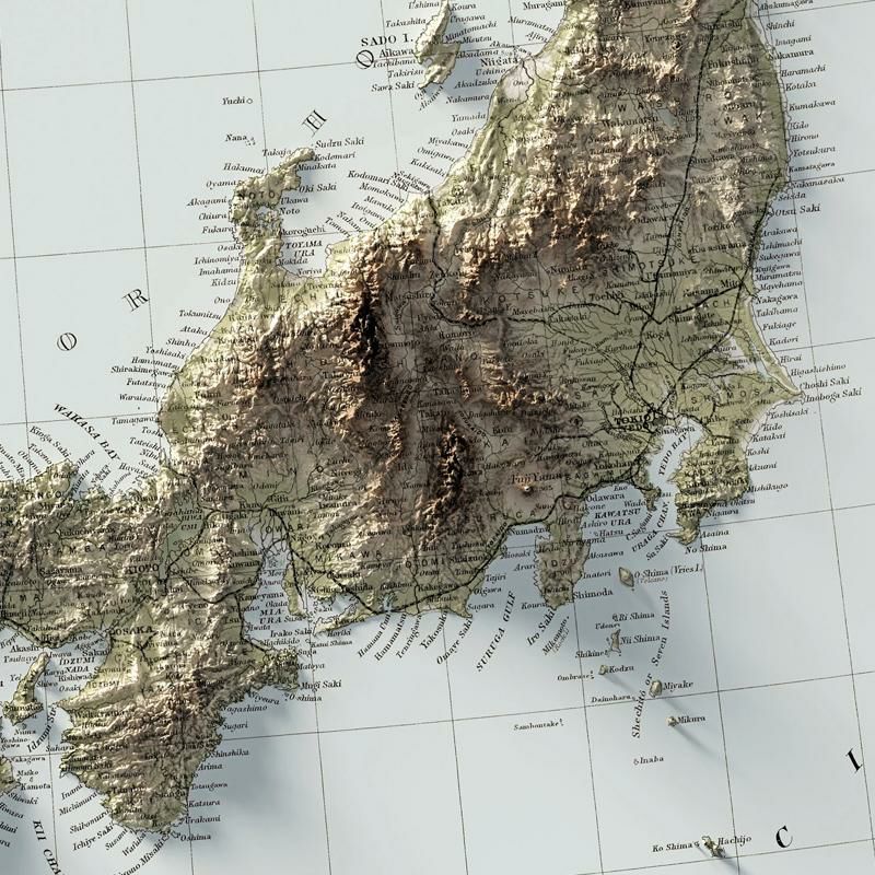 2D マップ 日本 地図 JAPAN - VINTAGE RELIEF MAP (1901) | アルファ