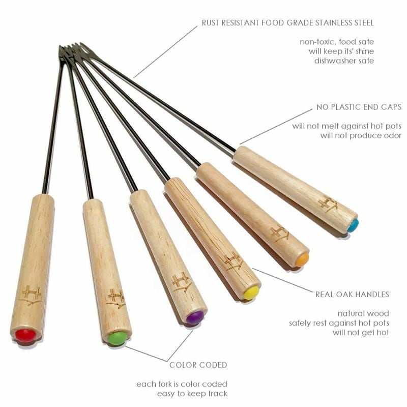 ステンレスフォンデュフォーク6本セット木製ハンドルチョコレートファウンテンチーズフォンデュHomeyProduct-Setof6FondueForks-RustResistantStainlessSteelSkewerStickswithNaturalBareOakWoodHandles-9.5"
