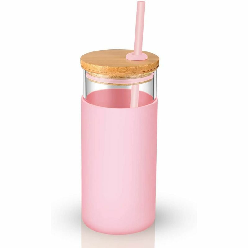 ガラスタンブラーグラス591mlフタバンブーシリコンスリーブストロー付BPAフリーtronco20ozGlassTumblerStrawSiliconeProtectiveSleeveBambooLid-BPAFree